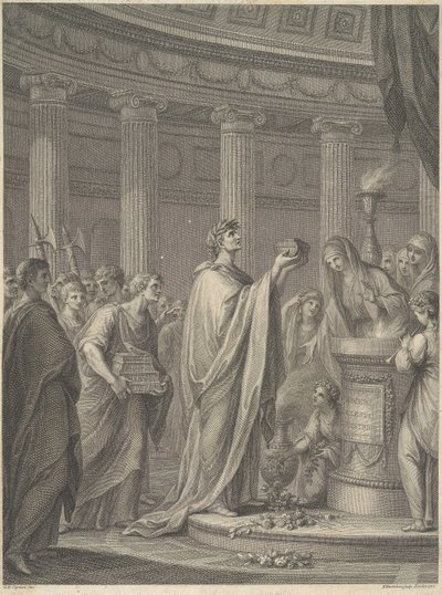 Den romerske fältherren Julius Caesar inviger Venus Genetrix tempel på Caesars forum i Rom, 46 f.Kr. av Francesco Bartolozzi