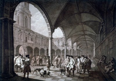 Utsikt över innergården i Royal Exchange med köpmän och mäklare, City of London, 1788 av Francesco Bartolozzi