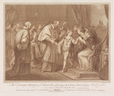 Weduwe van Edward IV står sin zoon på två aartsbisschoppen Äkedrottningen av Edvard den 4:e avsked med hertigen av York till de två ärkebiskoparna, på order av Richard den III (titel på objektet) av Francesco Bartolozzi