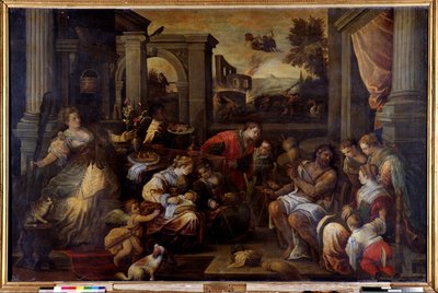 Hercules och Omphale Hercules, förälskad i drottningen av Lycia Omphale, tar sin spinnare av Francesco Bassano