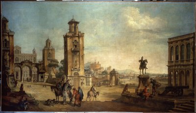 ""Gatubild i en stad, det stora torget med monument"" (Utsikt över en stad) Målning av Francesco Battaglioli (ec. venit.) (1722-1790) Eremitaget från 1700-talet, Sankt Petersburg av Francesco Battaglioli