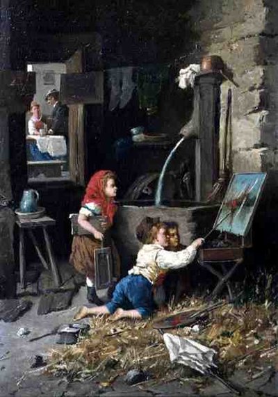 Mischief in the Studio (olja på duk) av Francesco Bergamini