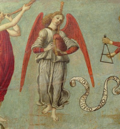 Ängel som spelar säckpipa, c.1475-97 tempera på paneldetalj av 64871, se även 64873 och 64874 av Francesco Botticini