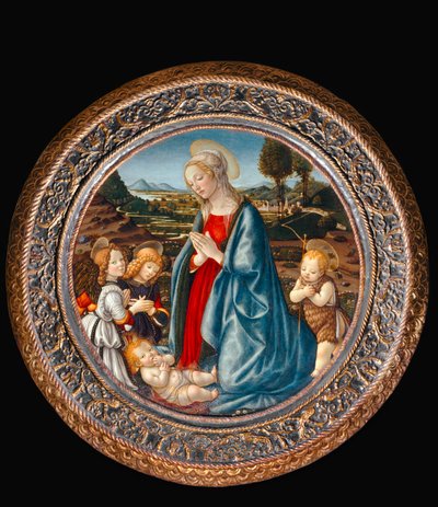 Madonna med barn, omgiven av Johannes Döparen och två änglar ... av Francesco Botticini
