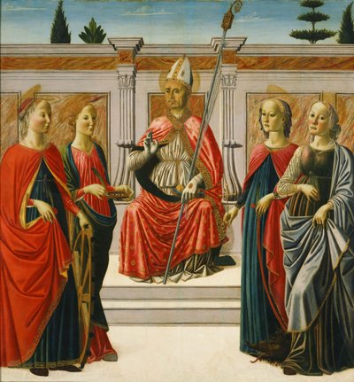 Saint Nicholas och Saints Catherine, Lucy, Margaret och Apollonia av Francesco Botticini