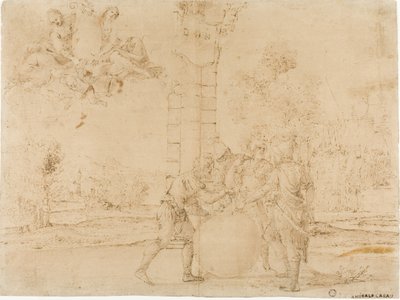 Octavianus, Mark Antony och Lepidus delar upp det romerska riket, med Bologna i bakgrunden av Francesco Brizio