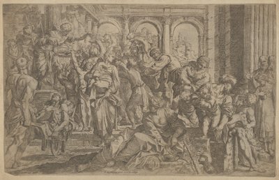 Saint Roch till vänster delar ut allmosor till en grupp människor som samlats runt honom, efter A..., ca. 1607. av Francesco Brizio