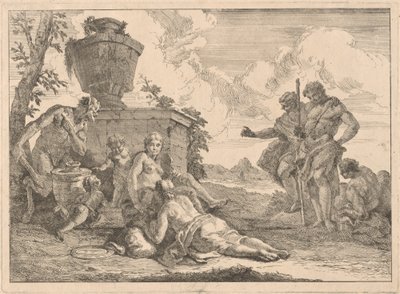 En satyr med en stav och sju andra figurer av Francesco Fontebasso