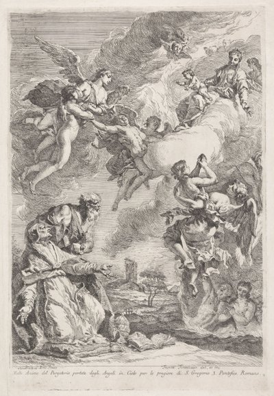 Saint Gregory the Great och Saint Hieronymus ber för själar i skärselden Molte Anime del Purgatorio portate dagli Angeli in Cielo per le pregiere di S. Gregorio I. Pontefice Romano (titel på objektet) av Francesco Fontebasso