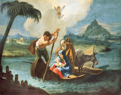 Helig familj som korsar Nilen på sin flykt till Egypten, av Francesco Fontebasso (1707-1769), olja på duk av Francesco Fontebasso