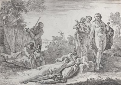 Nio figurer nära en Herm of Pan, från Bacchanals and Histories, 1744. av Francesco Fontebasso
