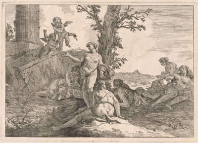 Sex nymfer och två amoriner i ett landskap av Francesco Fontebasso