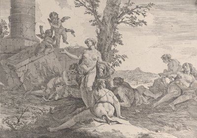 Sex nymfer och två putti, från Bacchanals and Histories, 1744. av Francesco Fontebasso