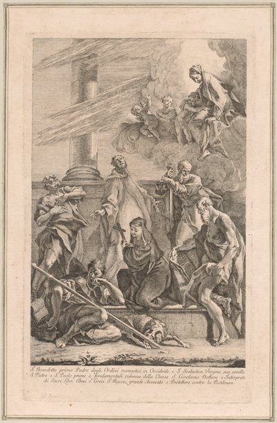Madonnan och barnet med två änglar och heliga Scholastica, Benedict, Roch, Peter, Paul och Hieronymus av Francesco Fontebasso after Sebastiano Ricci