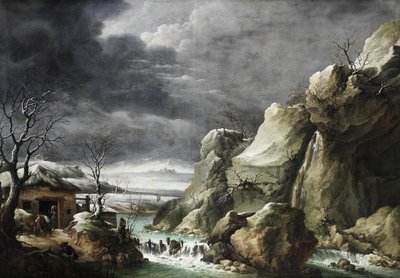 Resenärer närmar sig en lada i ett vinterlandskap, under en stormig himmel av Francesco Foschi