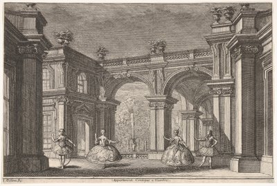 Två damer och två herrar som dansar i en utsmyckad arkitektonisk miljö, en fontän vid..., 1765. av Francesco Galli Bibiena