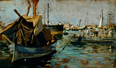 På jobbet i Livornos hamn (Leghorn) av Francesco Gioli (1846-1922), olja på panel, 22x38 cm av Francesco Gioli