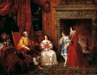 Prins som berättar för den unga prinsen och hans mor om Gertruds beslut att bli nunna, avsnitt från Trolovad av Alessandro Manzoni (1785-1873) av Francesco Gonin
