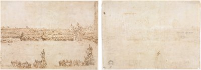 En procession av triumfbilar på Piazza San Marco, Venedig, för att fira besöket av Conti del Nord (recto) Tre skisser av bågar (verso) av Francesco Guardi