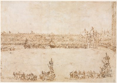 En procession av triumfbilar på Piazza San Marco, Venedig, för att fira besöket..., 1782. av Francesco Guardi