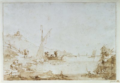 En kustscen, ca 1770-80 (penna och brun tvätt med svart krita på papper) av Francesco Guardi