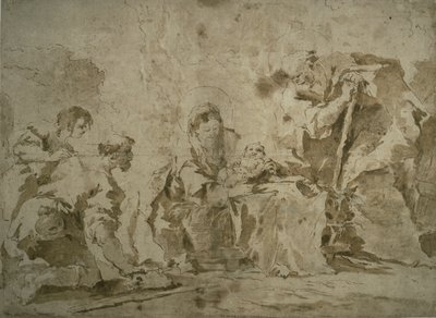 Herdarnas tillbedjan (recto); Tre skisser: Byggnader vid kanal med båtar, Landskap med buldingar på sluttning, Byggnader med portik (a tergo) av Francesco Guardi
