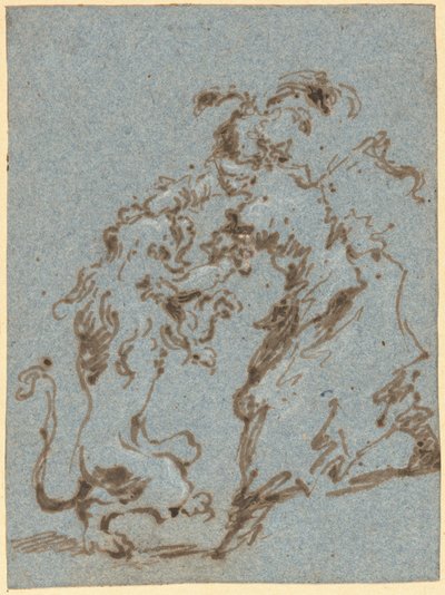 En elegant klädd kvinna som kämpar med ett lejon av Francesco Guardi