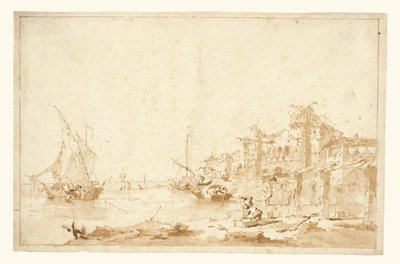 En imaginär vy över en venetiansk lagun med en fästning vid stranden av Francesco Guardi