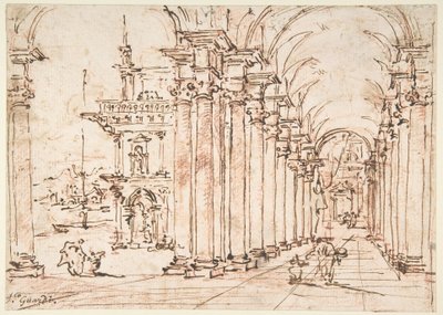 Arkitektoniskt capriccio: välvd kolonnad i ett palats av Francesco Guardi