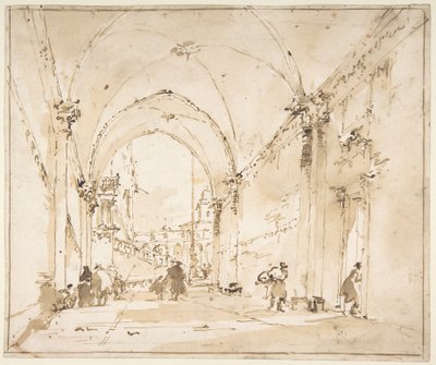 Arkitektoniskt capriccio: välvd passage som leder till ett torg av Francesco Guardi