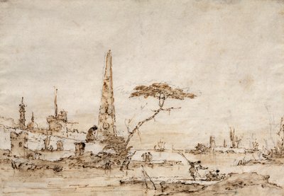 Capriccio bredvid en venetiansk lagun med en obelisk och lejon utanför murarna i en befäst stad (penna och bläck) av Francesco Guardi