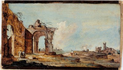 Caprice, med ruinerad båge och fiskarhus av Francesco Guardi