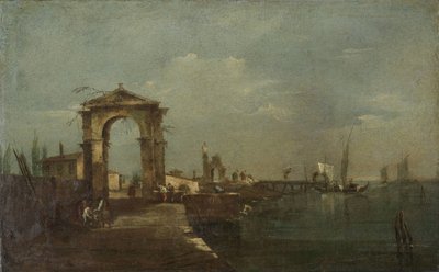 Landskap med en kaj och skepp på en sjö av Francesco Guardi