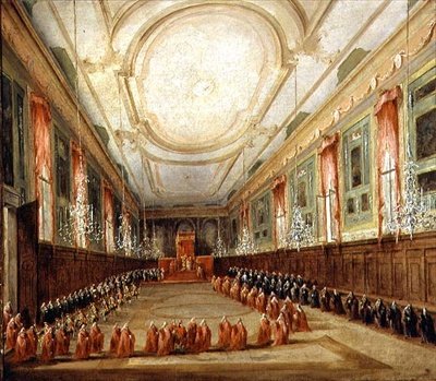 Påven Pius VI (1717-99) och Doge Paolo Renier i SS-kyrkan. Giovanni och Paolo (olja på duk) av Francesco Guardi
