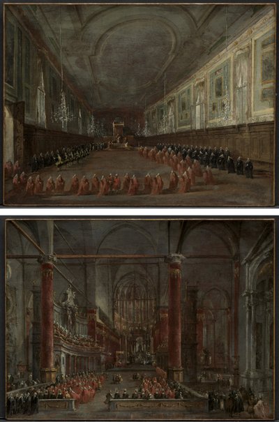 Påven Pius VI går ner på tronen för att ta avsked från dogen i SS Hall. Giovanni e Paolo, 1782 och påvlig ceremoni i SS. Giovanni e Paolo, Venedig, 1782 (par) av Francesco Guardi