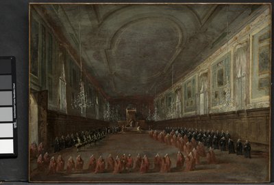 Påven Pius VI stiger ner på tronen för att ta avsked av dogen i SS Hall. Giovanni e Paolo, 1782 och påvlig ceremoni i SS. Giovanni e Paolo, Venedig, 1782, ca. 1783 av Francesco Guardi