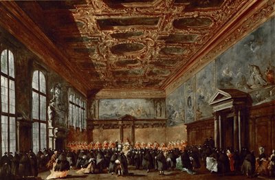 Dogen i Venedig ger publik i Sala del Collegio i Dogepalatset av Francesco Guardi