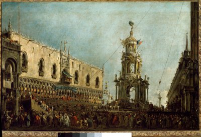 Dogen av Venedig deltar i firandet av fastelavnen på Piazzetta di San Marco (olja på duk av Francesco Guardi