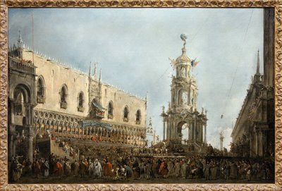 Dogen i Venedig deltar i torsdagsfesten Gras på Piazzetta di San Marco, dogen är till vänster, under den centrala arkaden i Dogepalatset, bredvid ett efemermonument uppfört på Piazzetta, står en mänsklig pyramid från en gymnastiktävling av Francesco Guardi
