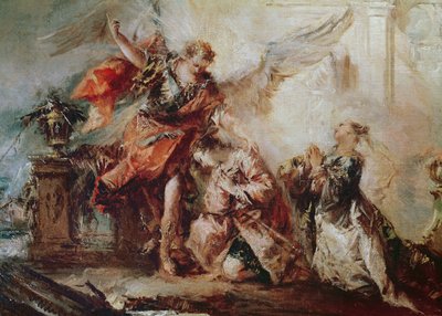 The Marriage of Tobias, detalj av paret Sara och Tobias innan Rafaels mellanhand tackade Gud, ca 1750 av Francesco Guardi