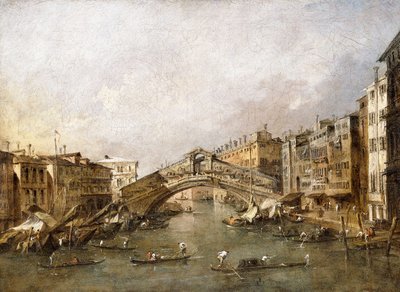 Rialtobron, Venedig, med gondoler i förgrunden, av Francesco Guardi