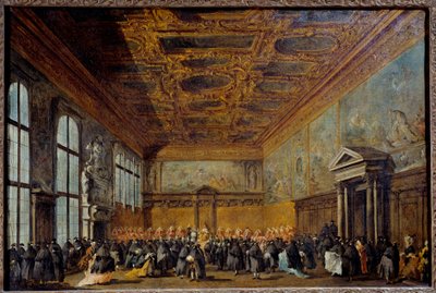 Publiken beviljad av dogen av Venedig (troligen Alvise IV Mocinego (1701-1778)) i College Hall på Ducal Palace of Venice Målning av Francesco Guardi (1712-1793) 1766-1770 Sön. 0,67 x 1,01 m av Francesco Guardi