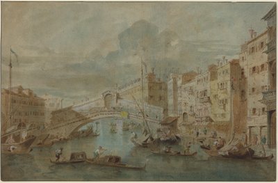 Vy över Rialtobron, Venedig av Francesco Guardi