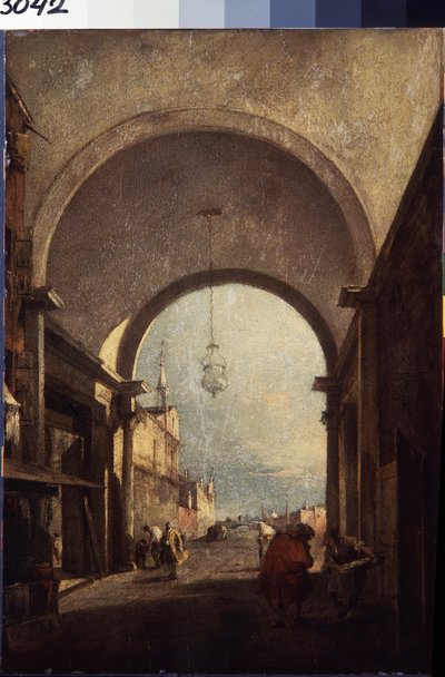Utsikt över Venedig (stadsvy). Målning av Francesco Guardi (1712-1793), cirka 1770. Olja på trä. Venetiansk konst i rokokostil. Eremitagemuseet Sankt Petersburg. av Francesco Guardi