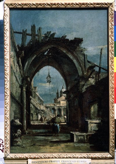 ""Utsikt över Venedig"" Ruin i förgrunden. Målning av Francesco Guardi (1712-1793) circa 1770 Pushkin Museum av Francesco Guardi