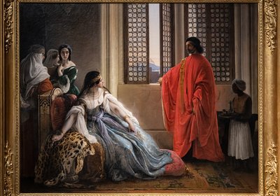 Giorgio Cornaro, skickad till Cypern av Republiken Venedig, informerar drottning Caterina Cornaro, en av hans släktingar, att hon inte längre äger sin regeringstid eftersom lejonstandarden vinkar på öns fästning av Francesco Hayez