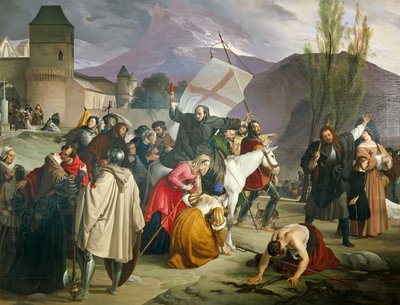 Peter Eremit rider på vit mula med krucifix i handen och cirkulerar genom städer och byar och predikar korståg av Francesco Hayez