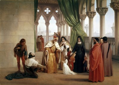 The Two Foscari: Francesco Foscari, doge av Venedig som förvisar sin son Jacopo anklagad för förrädisk korrespondens medan han var i exil (olja på duk, cirka 1852) av Francesco Hayez