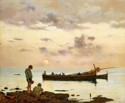 Marina med fiskebåt och pojkar, av Francesco Lojacono (1838-1915), olja på duk, 64x77 cm av Francesco Lojacono