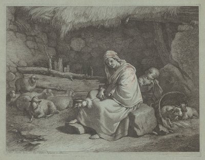 Interiör i ett stall med sittande spinner och sovande barn, 17591782. av Francesco Londonio